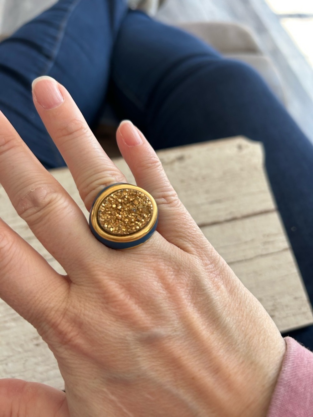ALEX FRAGA Gold Sparkle Druzy Statement Ring with Navy Accent